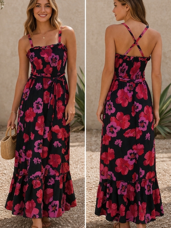 Band of Gypsies Dresses & Skirts - Band of Gypsies Black Maxi Dress with Pink & Red Floral Print